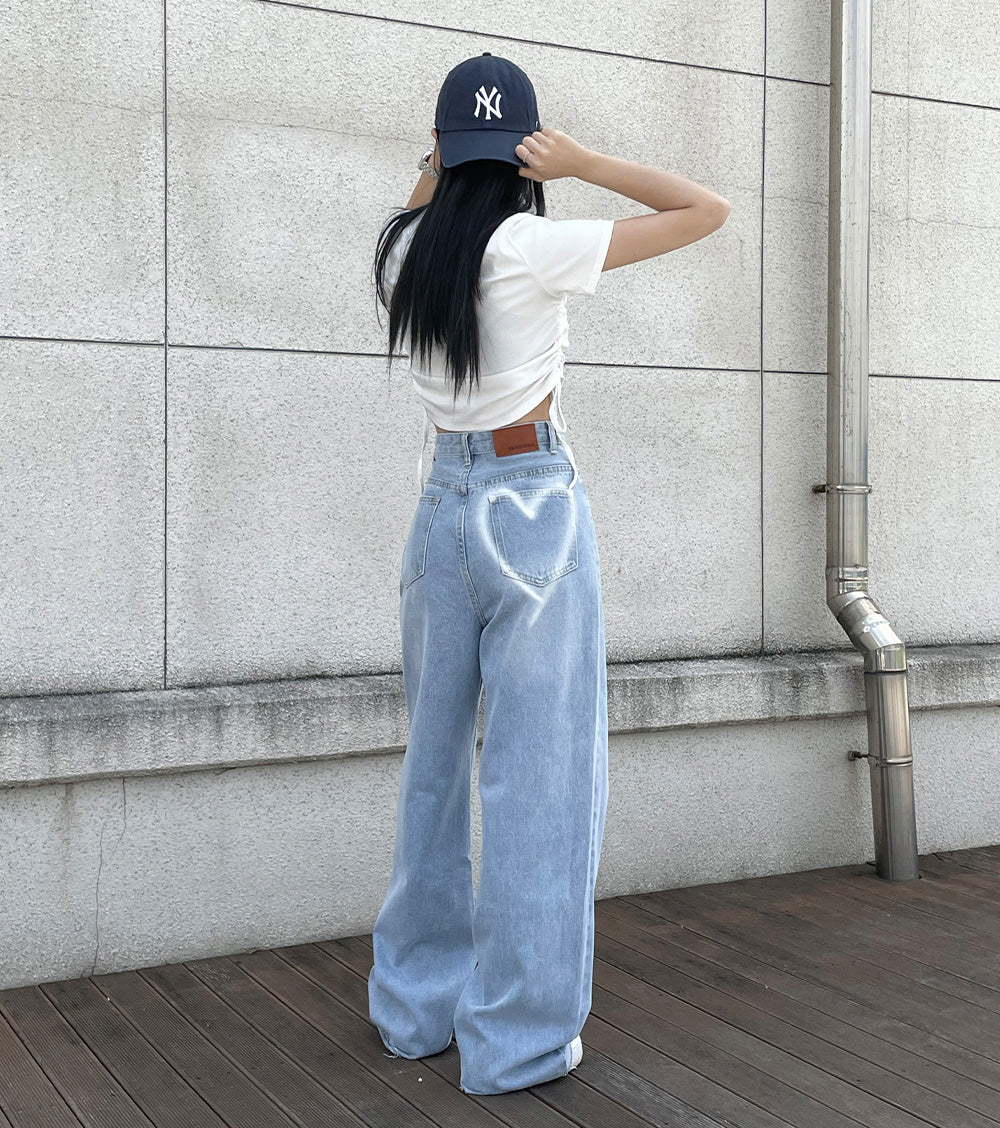 【可愛亮點!】🤍心形噴印淺藍牛仔寬褲(S/M)