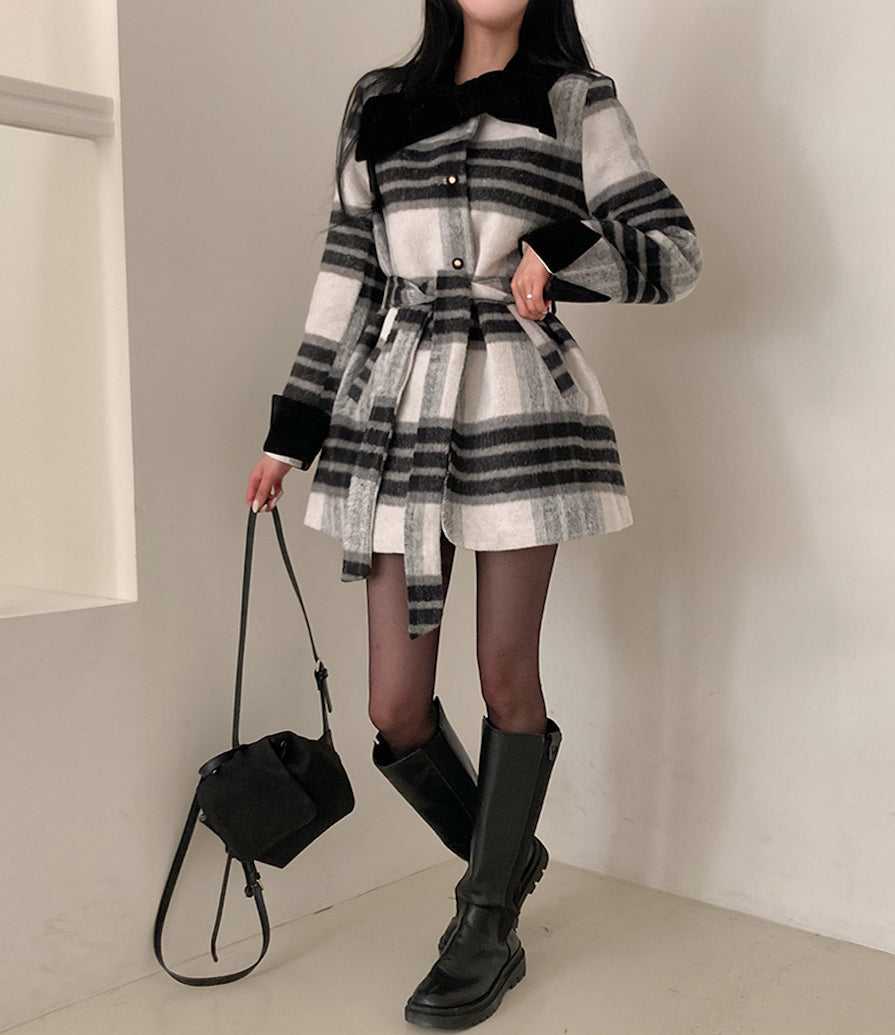 絲帶🎀格紋腰帶毛呢外套