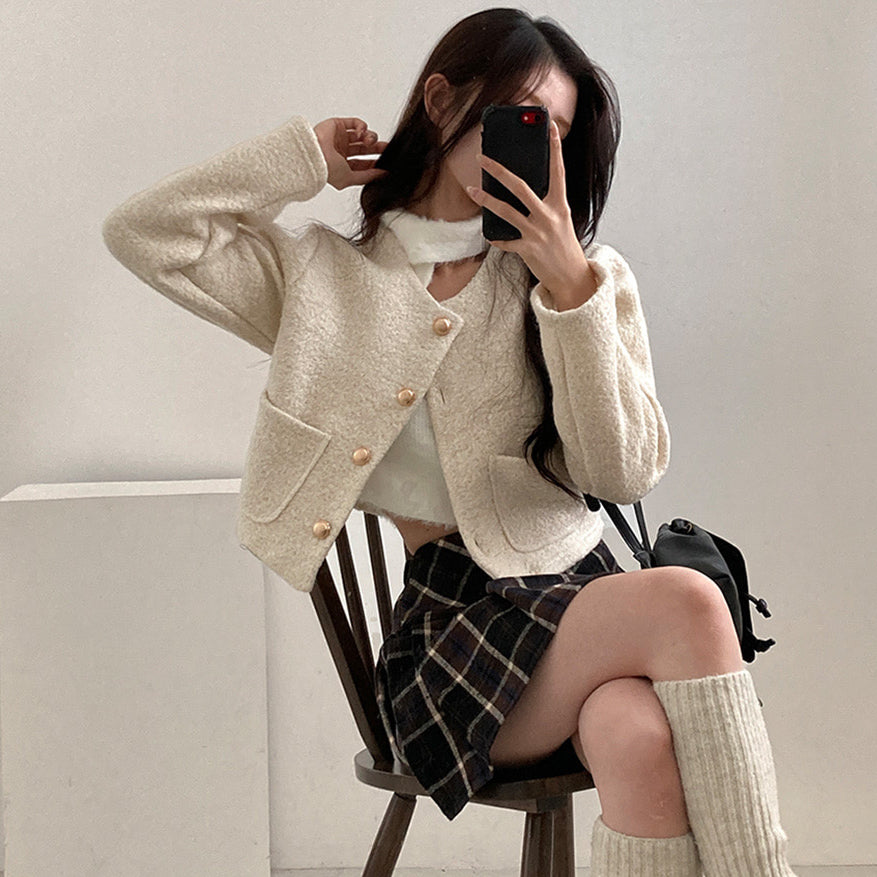 【混金線🥂】圓領毛呢金扣外套