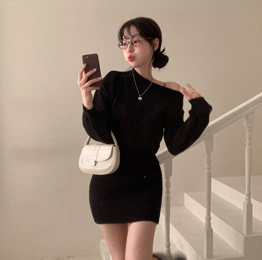 🍷露肩針織迷你連衣裙