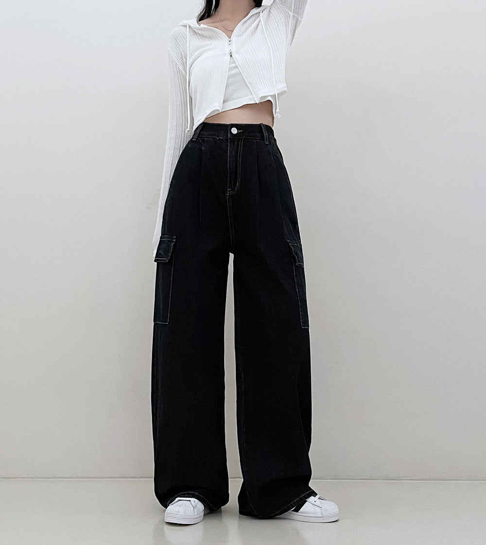 【特價❗️3種長度/內橡筋】原色明線闊腿工裝牛仔褲(S-2XL)