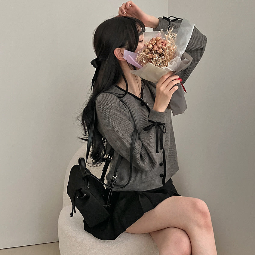 【現貨白】🎀滾邊絲帶V領長袖針織開衫
