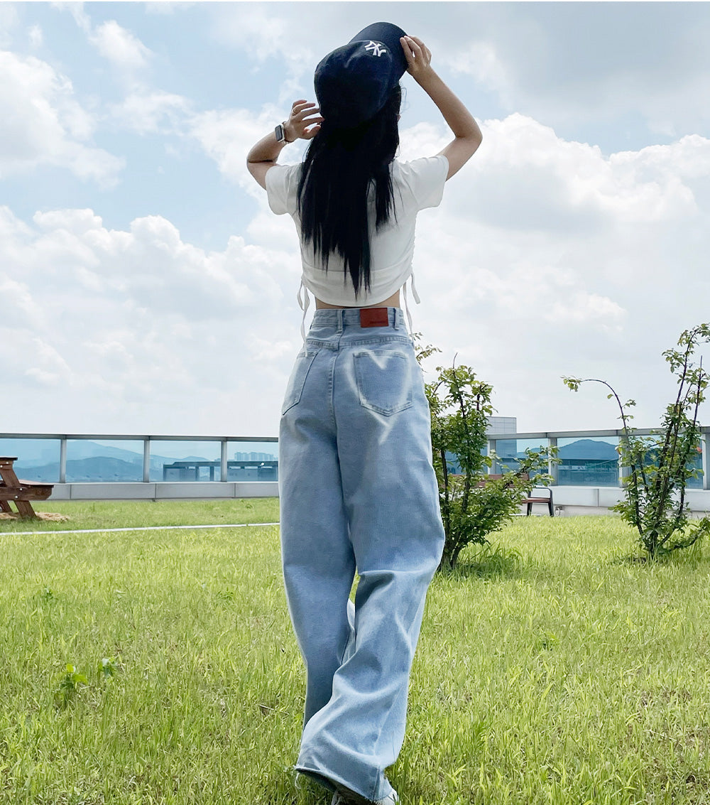 【可愛亮點!】🤍心形噴印淺藍牛仔寬褲(S/M)