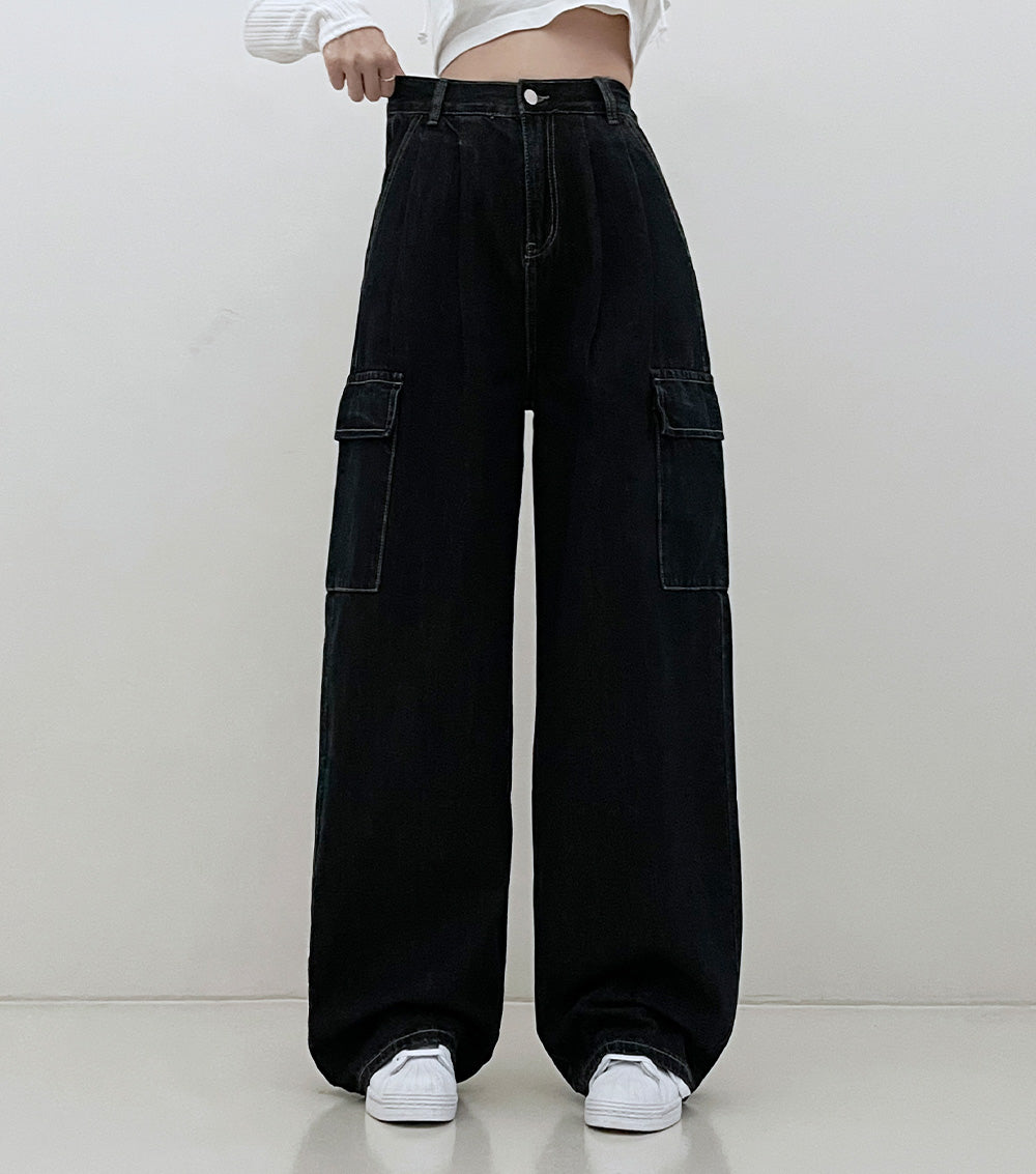 【特價❗️3種長度/內橡筋】原色明線闊腿工裝牛仔褲(S-2XL)