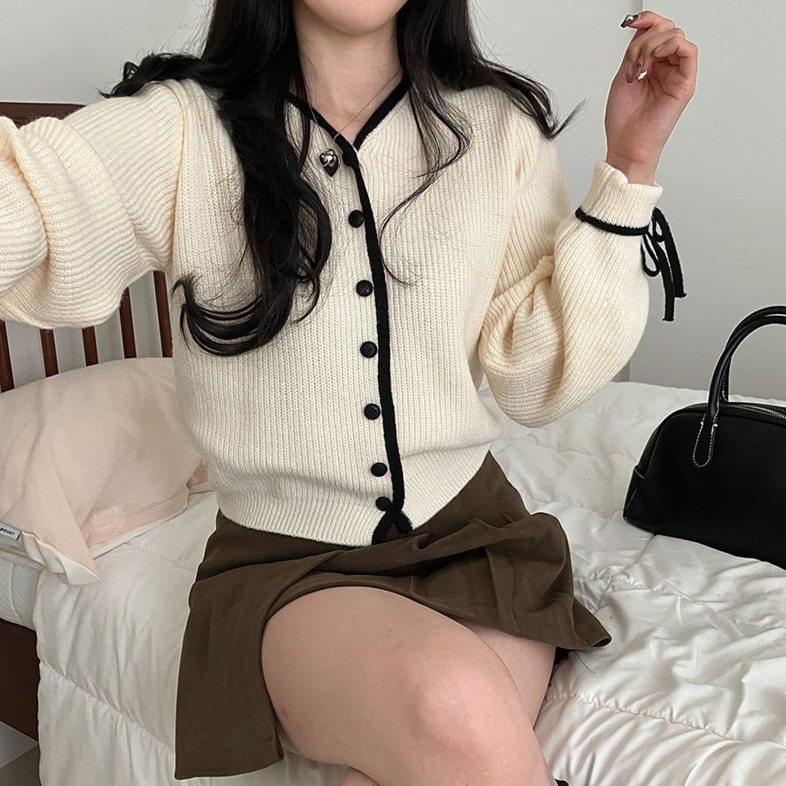 【現貨白】🎀滾邊絲帶V領長袖針織開衫