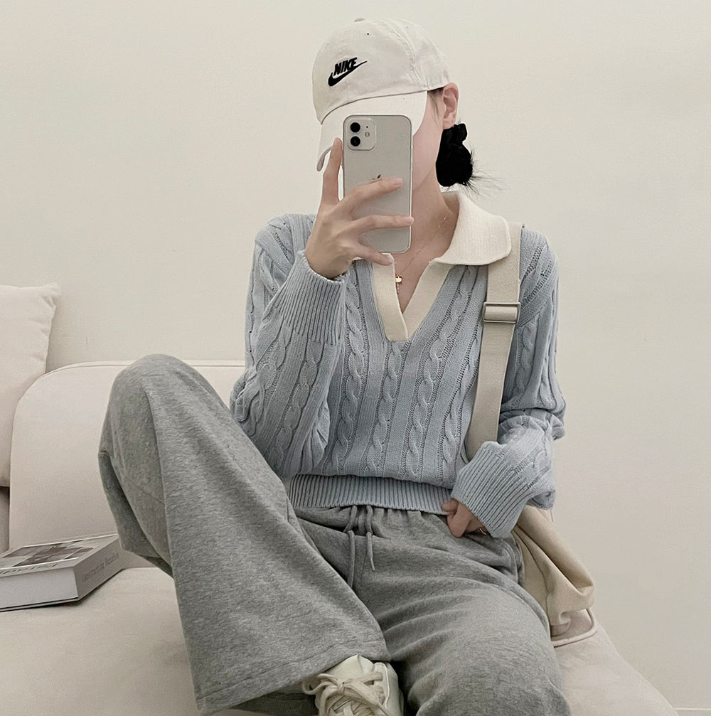 🥀韓製翻領撞色麻花針織衫
