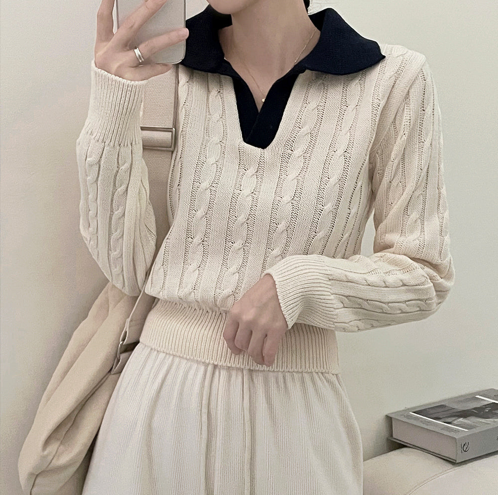🥀韓製翻領撞色麻花針織衫
