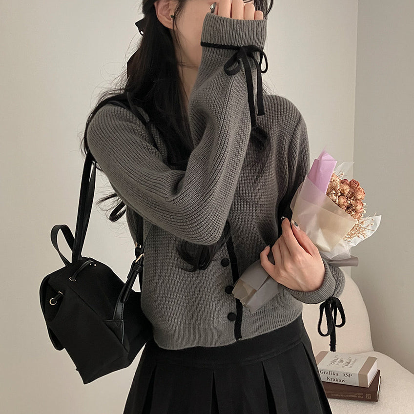 【現貨白】🎀滾邊絲帶V領長袖針織開衫