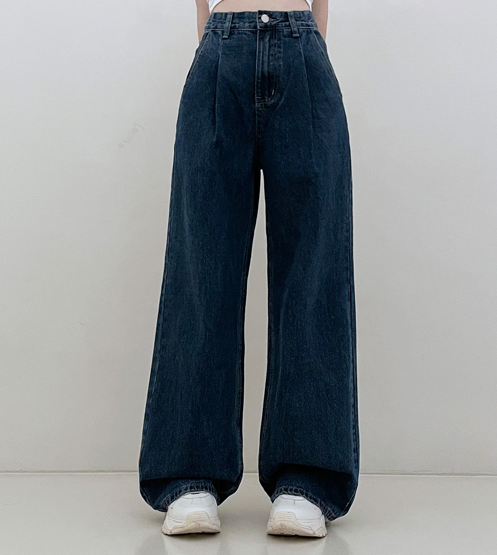 【3種長度/內橡筋】水洗闊腿針褶牛仔褲(S-2XL)