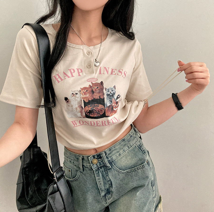 🐈Cat開鈕短袖抽繩T恤