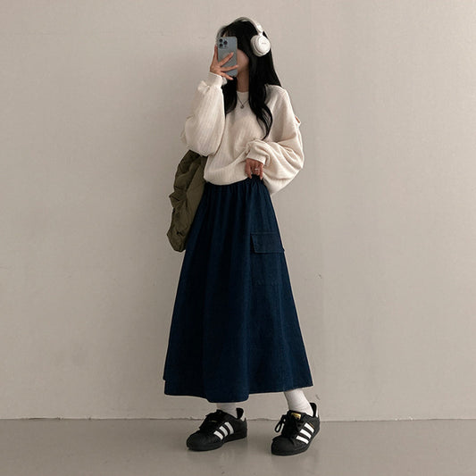 ✨工裝口袋牛仔A字長裙
