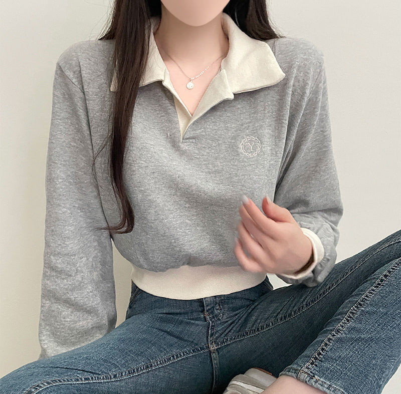 【現貨灰】🍓Y刺繡拼色開領短衛衣