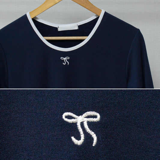 🎀絲帶刺繡拼色短袖T恤