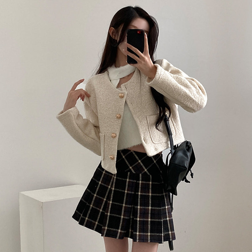 【混金線🥂】圓領毛呢金扣外套