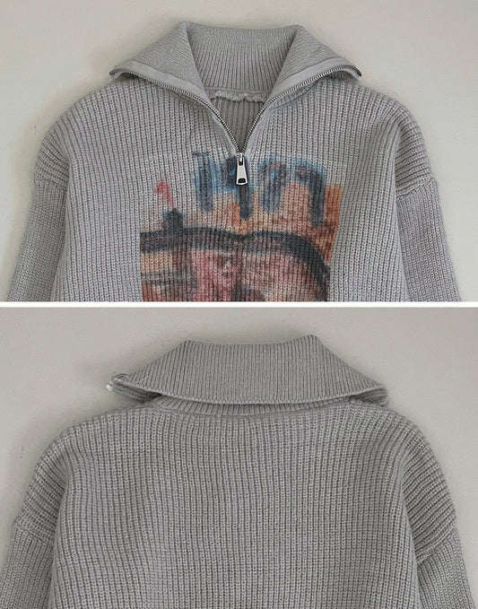 🍩復古印花拉鍊短款毛衣