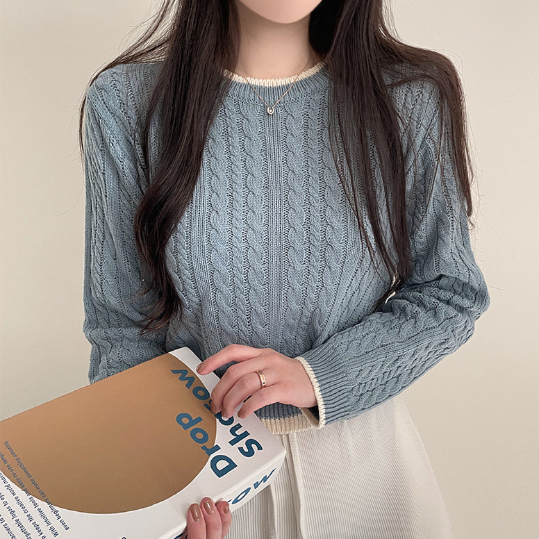 【限時特價✨日常/高品質】麻花撞色圓領針織衫