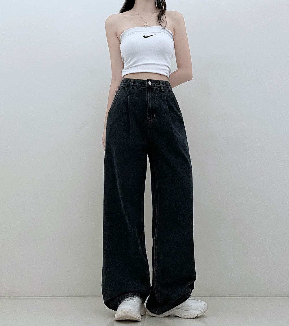 【3種長度/內橡筋】水洗闊腿針褶牛仔褲(S-2XL)