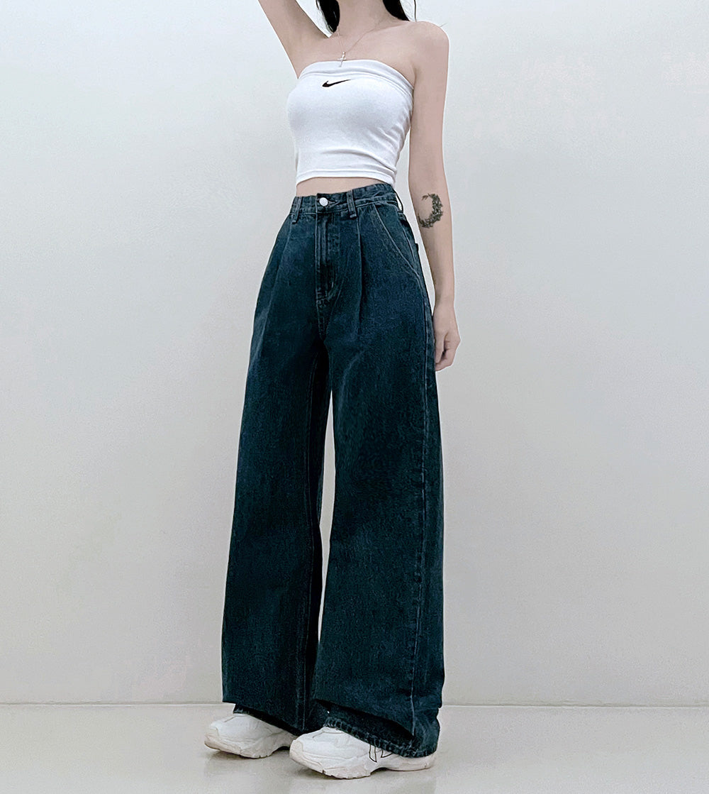 【3種長度/內橡筋】水洗闊腿針褶牛仔褲(S-2XL)