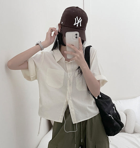 【現貨白藍】Daily!抽褶棉質短袖襯衫