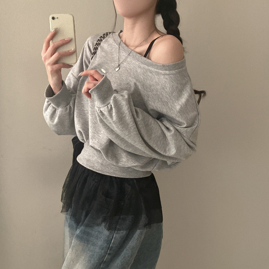 【現貨灰、藍】Off-Shoulder銀標衞衣✨