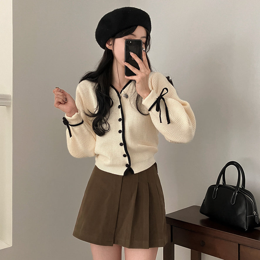 【現貨白】🎀滾邊絲帶V領長袖針織開衫