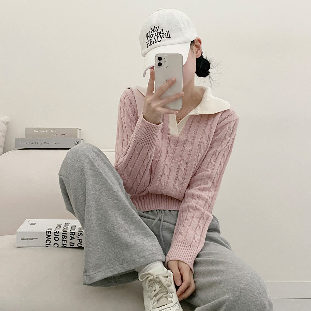 🥀韓製翻領撞色麻花針織衫