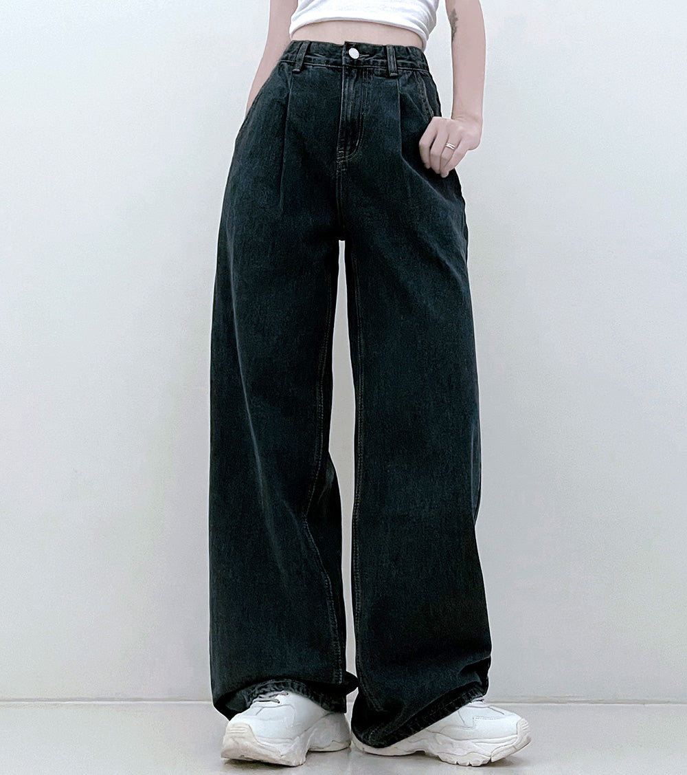 【3種長度/內橡筋】水洗闊腿針褶牛仔褲(S-2XL)
