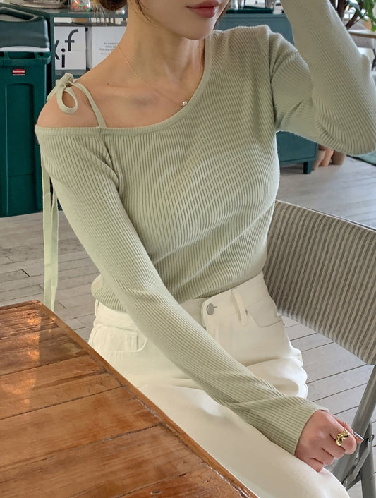 連線價🇰🇷一字肩羅紋綁帶針織衫