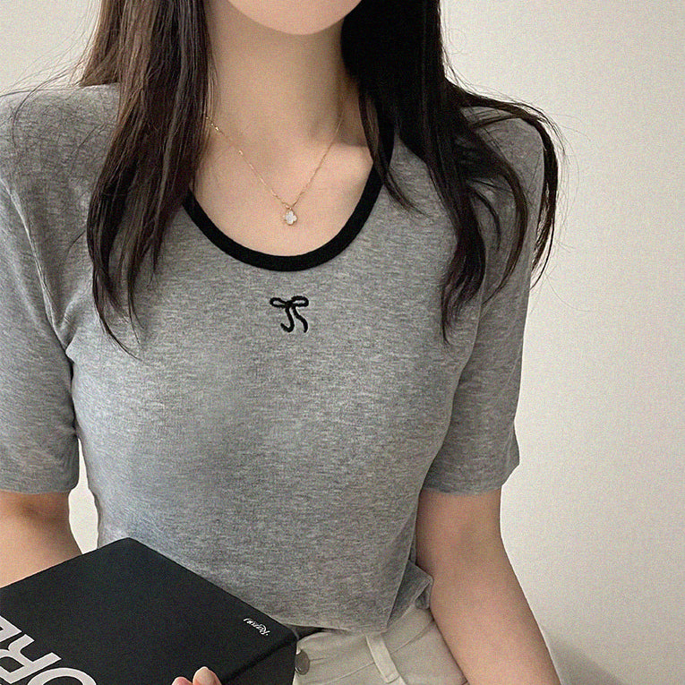🎀絲帶刺繡拼色短袖T恤
