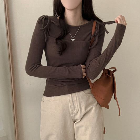 【現貨brown】蝴蝶結肩帶背心+長袖T恤套裝