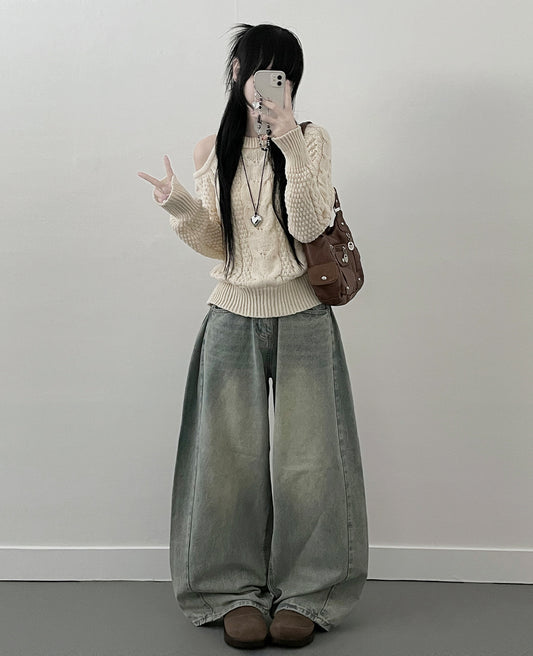 ✨露單肩扭紋寬鬆針織衫