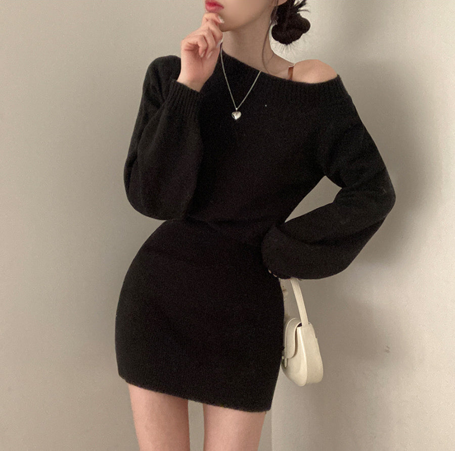 🍷露肩針織迷你連衣裙