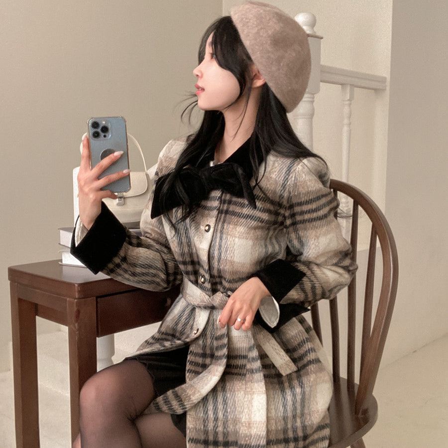 絲帶🎀格紋腰帶毛呢外套