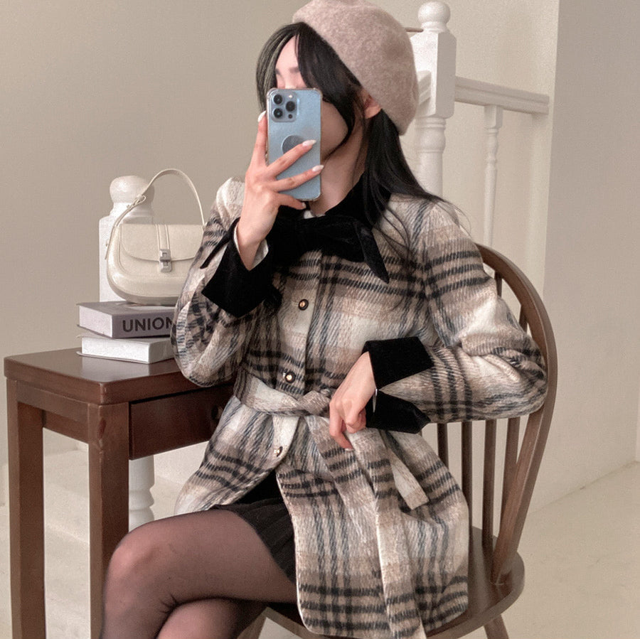 絲帶🎀格紋腰帶毛呢外套