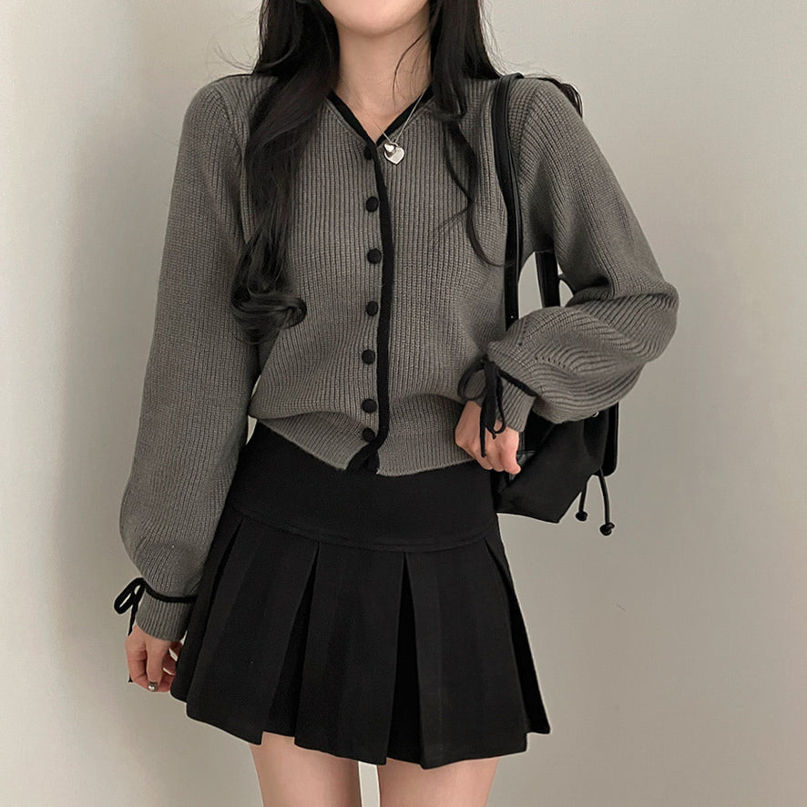 【現貨白】🎀滾邊絲帶V領長袖針織開衫