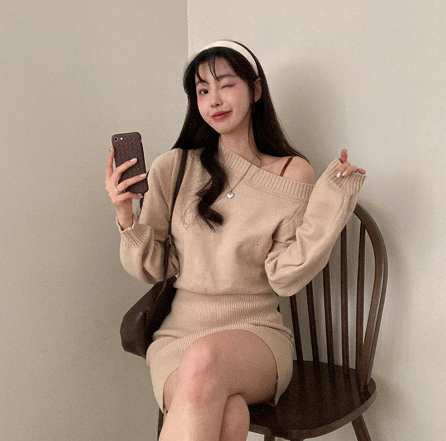 🍷露肩針織迷你連衣裙
