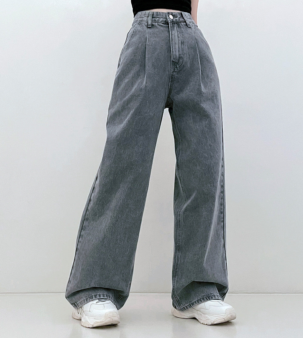 【3種長度/內橡筋】水洗闊腿針褶牛仔褲(S-2XL)