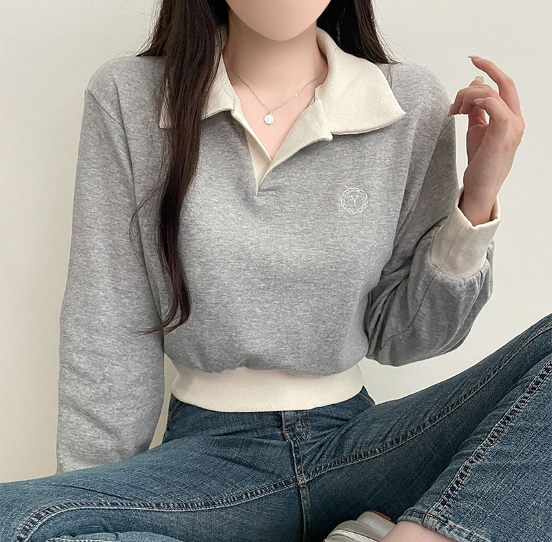 【現貨灰】🍓Y刺繡拼色開領短衛衣