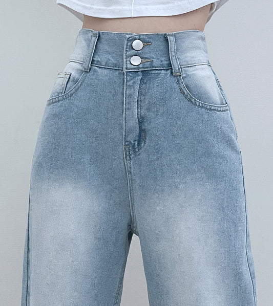 兩粒扣/後橡筋高腰牛仔寬褲(S-L)