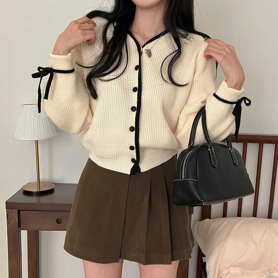【現貨白】🎀滾邊絲帶V領長袖針織開衫