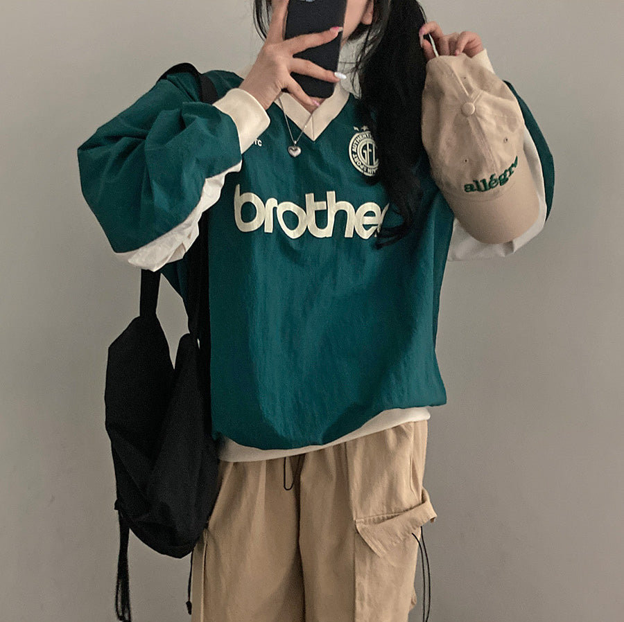 韓製🇰🇷Brother拼色寬鬆V 領衛衣