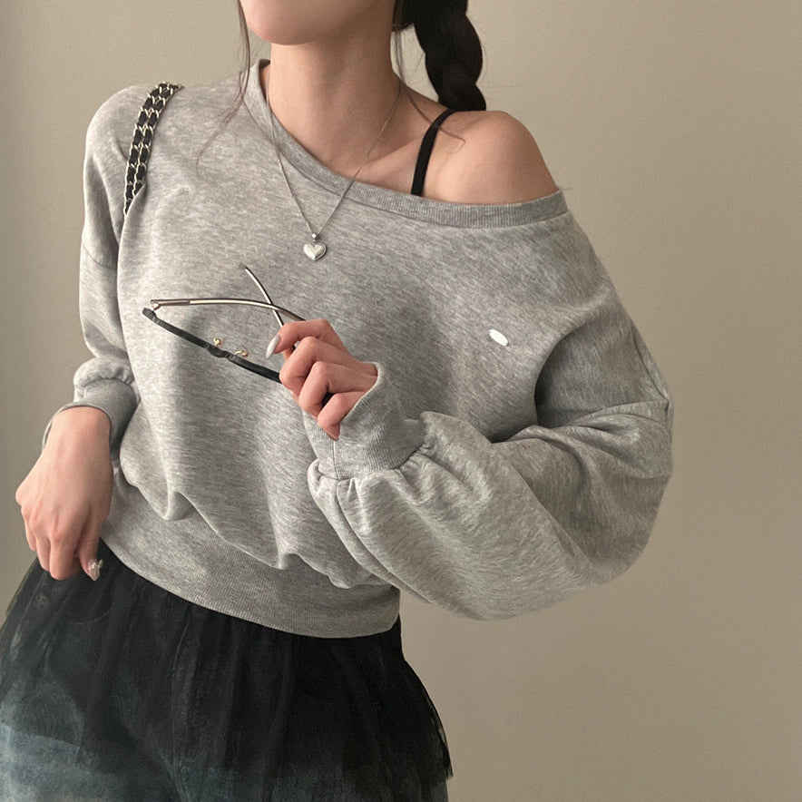 【現貨灰、藍】Off-Shoulder銀標衞衣✨