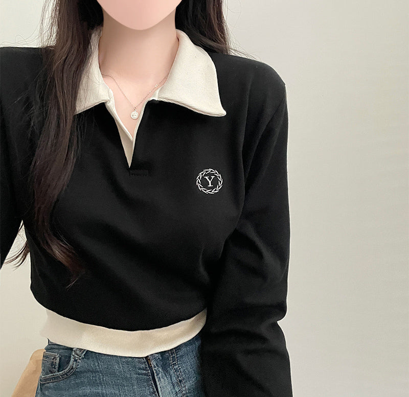 【現貨灰】🍓Y刺繡拼色開領短衛衣