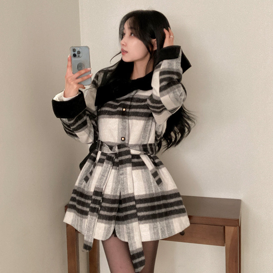 絲帶🎀格紋腰帶毛呢外套