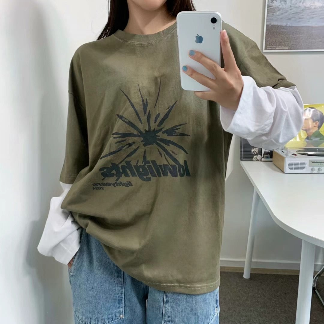 特價🤎軍綠色假兩件層次T恤