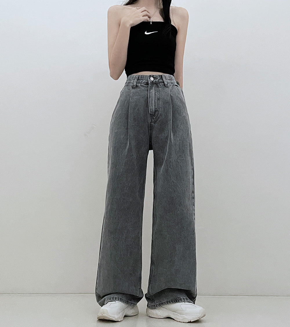 【3種長度/內橡筋】水洗闊腿針褶牛仔褲(S-2XL)