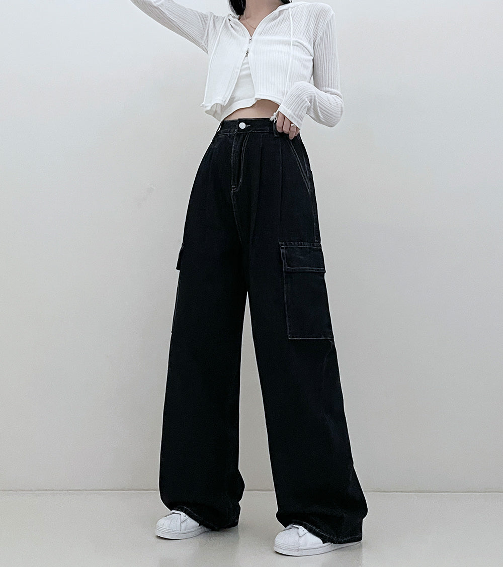 【特價❗️3種長度/內橡筋】原色明線闊腿工裝牛仔褲(S-2XL)