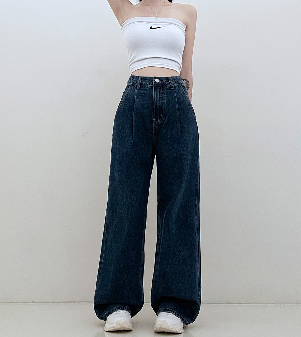 【3種長度/內橡筋】水洗闊腿針褶牛仔褲(S-2XL)
