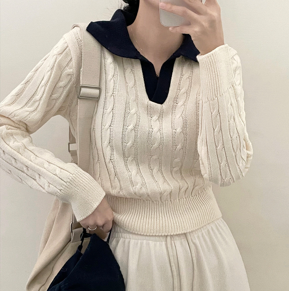🥀韓製翻領撞色麻花針織衫
