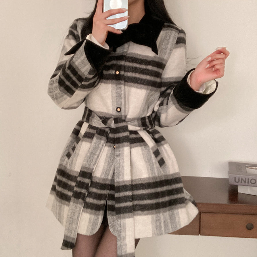 絲帶🎀格紋腰帶毛呢外套
